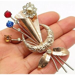 Vintage Multi Gemstone Flower and Moon Sterling‎ Silver and 18kt plated pin